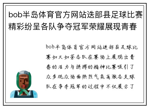 bob半岛体育官方网站迭部县足球比赛精彩纷呈各队争夺冠军荣耀展现青春风采
