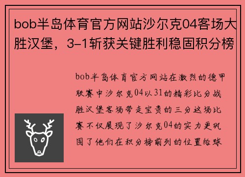 bob半岛体育官方网站沙尔克04客场大胜汉堡，3-1斩获关键胜利稳固积分榜前列