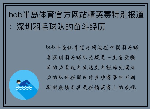 bob半岛体育官方网站精英赛特别报道：深圳羽毛球队的奋斗经历