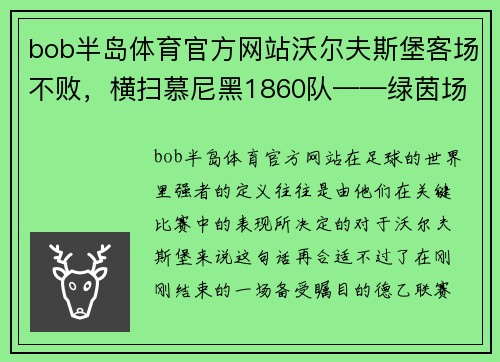 bob半岛体育官方网站沃尔夫斯堡客场不败，横扫慕尼黑1860队——绿茵场上的王者之姿